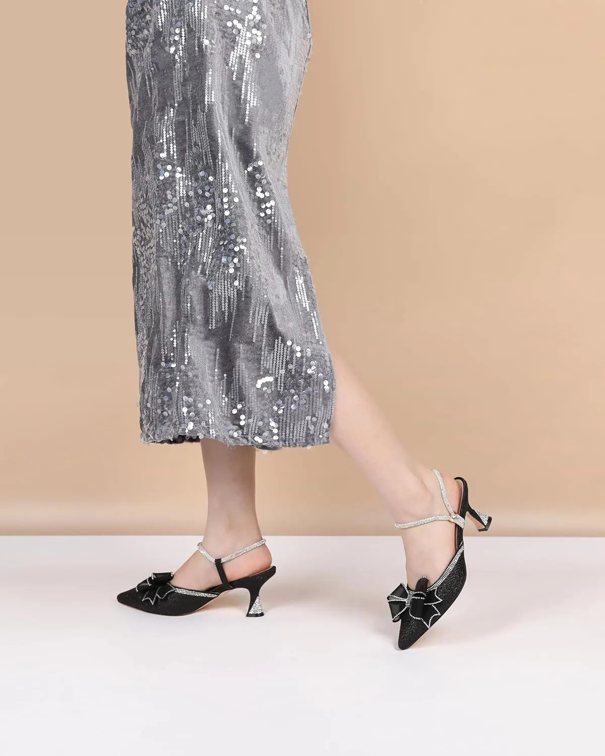 AUMOTED Women Kitten Heel Mules Rhinestone Bow Sandals Pointed Toe Heeled Mule Slip On Low Heels Slipper Glitter Mesh Wedding Bridal Shoes 2.5 Inch
