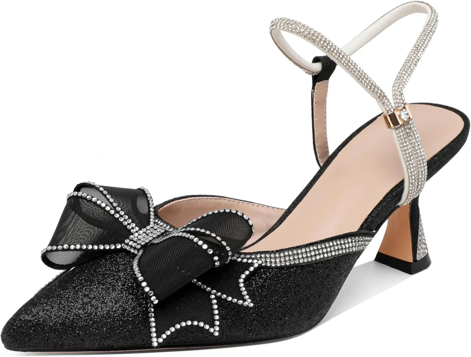 AUMOTED Women Kitten Heel Mules Rhinestone Bow Sandals Pointed Toe Heeled Mule Slip On Low Heels Slipper Glitter Mesh Wedding Bridal Shoes 2.5 Inch