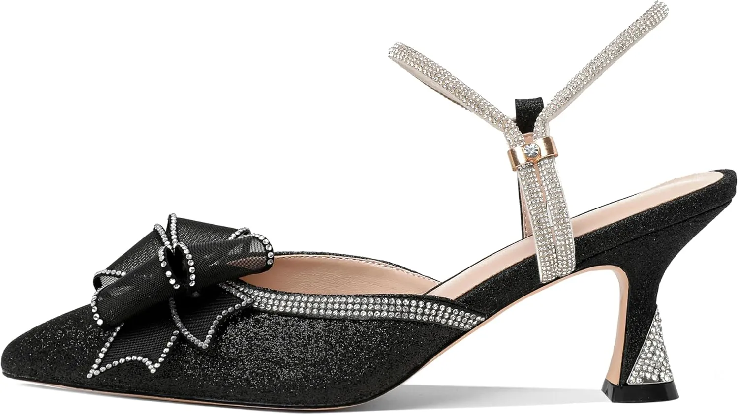 AUMOTED Women Kitten Heel Mules Rhinestone Bow Sandals Pointed Toe Heeled Mule Slip On Low Heels Slipper Glitter Mesh Wedding Bridal Shoes 2.5 Inch