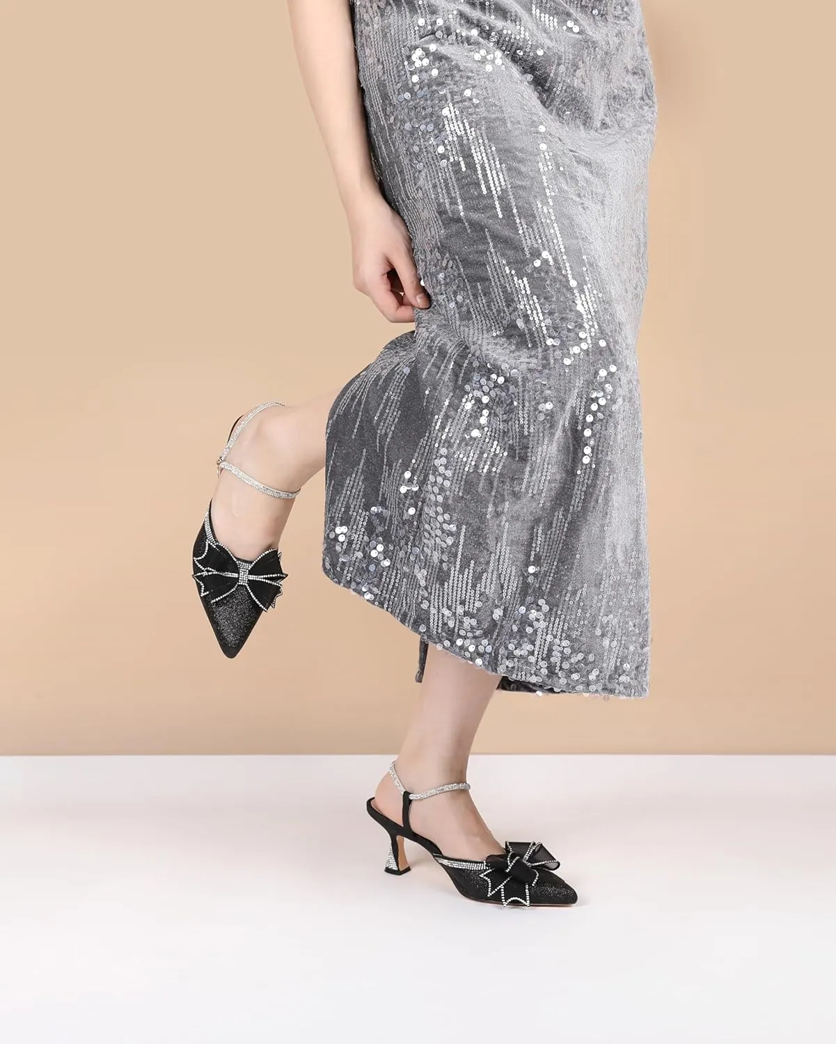 AUMOTED Women Kitten Heel Mules Rhinestone Bow Sandals Pointed Toe Heeled Mule Slip On Low Heels Slipper Glitter Mesh Wedding Bridal Shoes 2.5 Inch