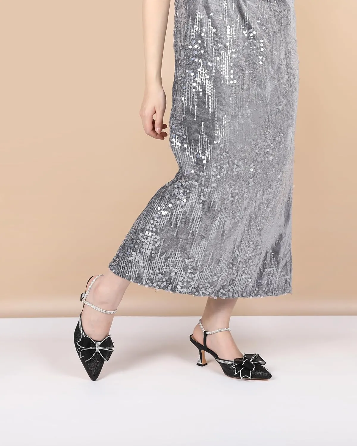 AUMOTED Women Kitten Heel Mules Rhinestone Bow Sandals Pointed Toe Heeled Mule Slip On Low Heels Slipper Glitter Mesh Wedding Bridal Shoes 2.5 Inch