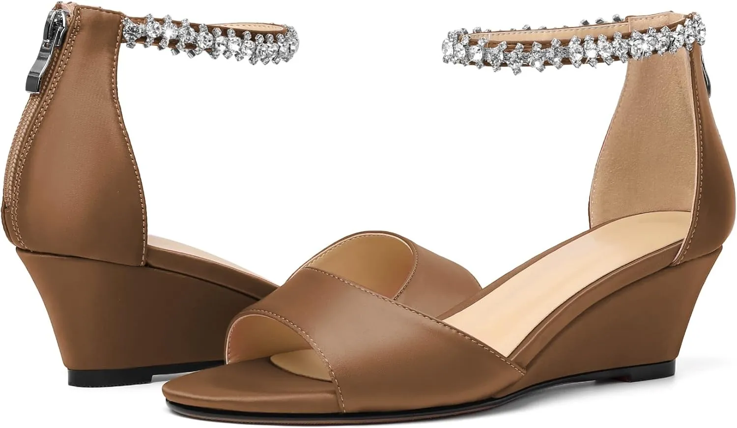 AUMOTED Women Wedge Sandals Peep Open Toe Mid Low Heel Slip-on Slingback Double Elastic Band Heeled Dress Summer Shoes 2 Inch