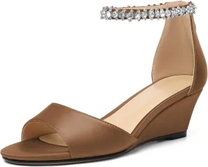 AUMOTED Women Wedge Sandals Peep Open Toe Mid Low Heel Slip-on Slingback Double Elastic Band Heeled Dress Summer Shoes 2 Inch