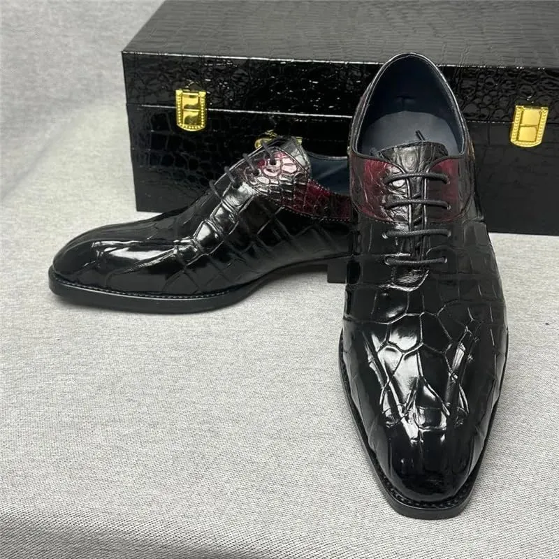 Authentic Real Crocodile Skin Square Toe Men Dress Oxfords Genuine Exotic Alligator Leather Male Lace-up Mixed Color Dress Shoes