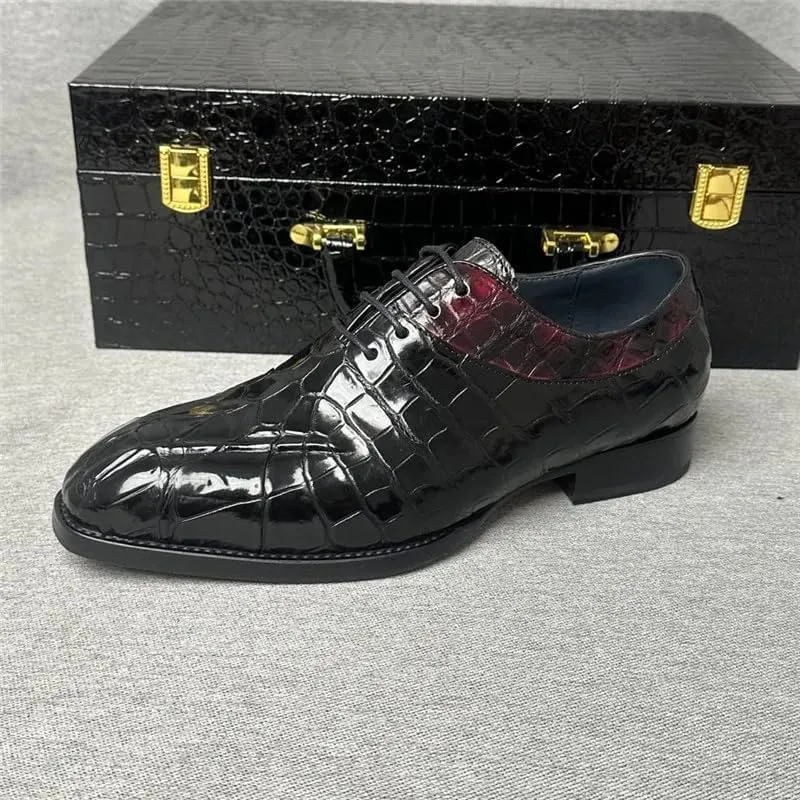 Authentic Real Crocodile Skin Square Toe Men Dress Oxfords Genuine Exotic Alligator Leather Male Lace-up Mixed Color Dress Shoes