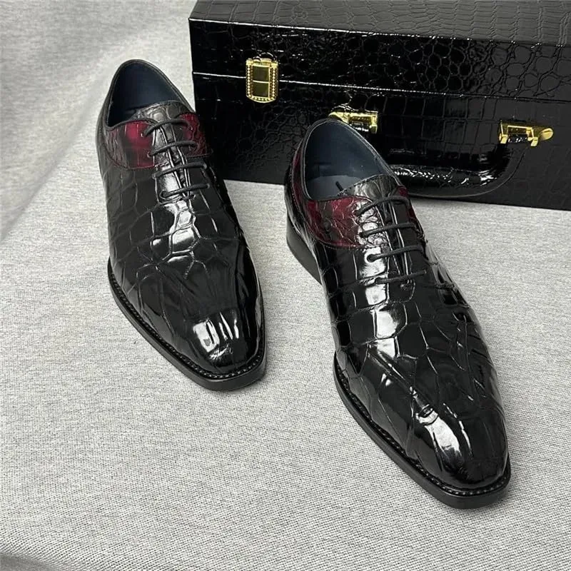 Authentic Real Crocodile Skin Square Toe Men Dress Oxfords Genuine Exotic Alligator Leather Male Lace-up Mixed Color Dress Shoes