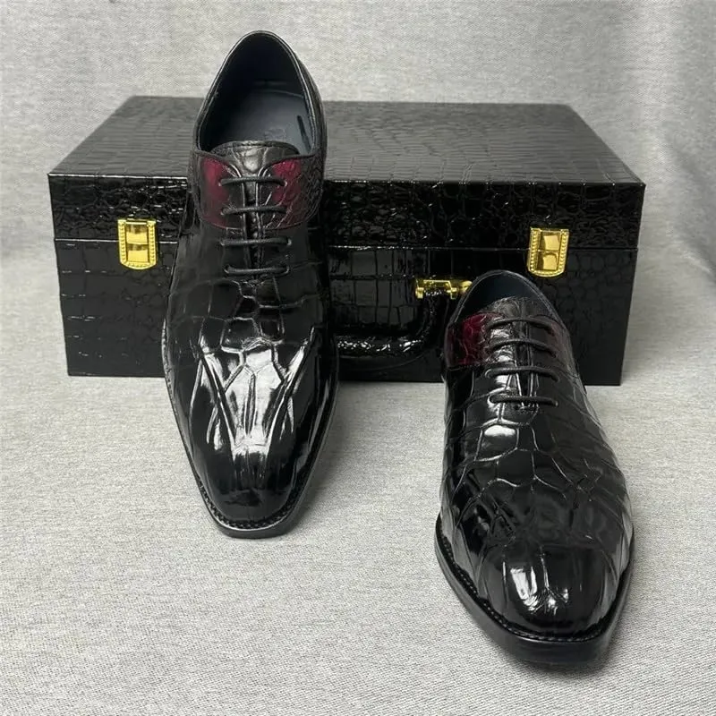 Authentic Real Crocodile Skin Square Toe Men Dress Oxfords Genuine Exotic Alligator Leather Male Lace-up Mixed Color Dress Shoes