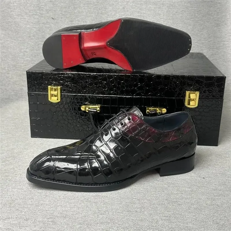 Authentic Real Crocodile Skin Square Toe Men Dress Oxfords Genuine Exotic Alligator Leather Male Lace-up Mixed Color Dress Shoes