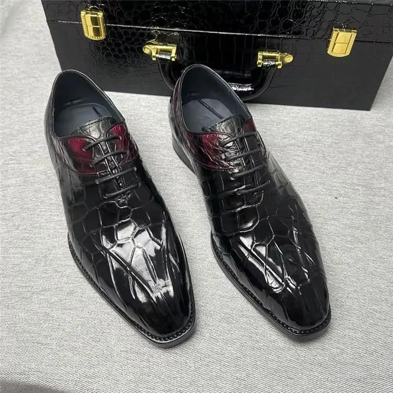 Authentic Real Crocodile Skin Square Toe Men Dress Oxfords Genuine Exotic Alligator Leather Male Lace-up Mixed Color Dress Shoes