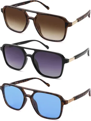 AZorb 3Pack Retro Square Aviator Sunglasses for Women Men - Trendy Rectangle Flat Aviator Sun Glasses Vintage Shades