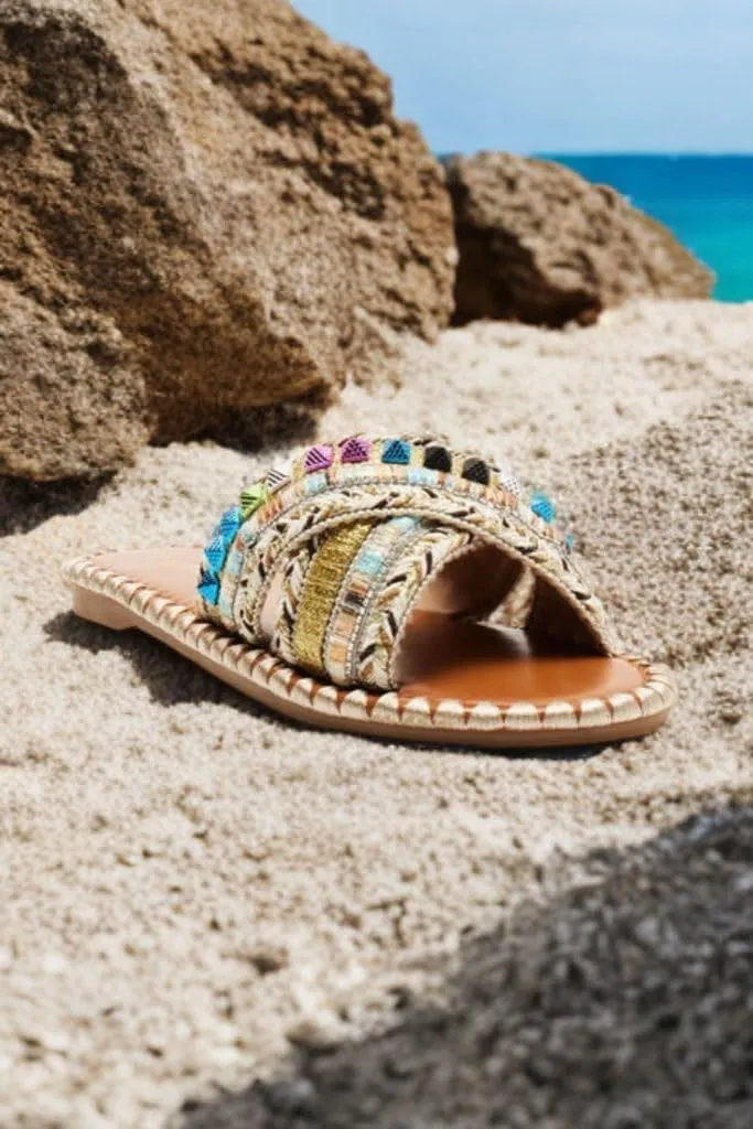 BAMBOO Womens Open Round Toe Cross Straps Beaded Slides Array-02