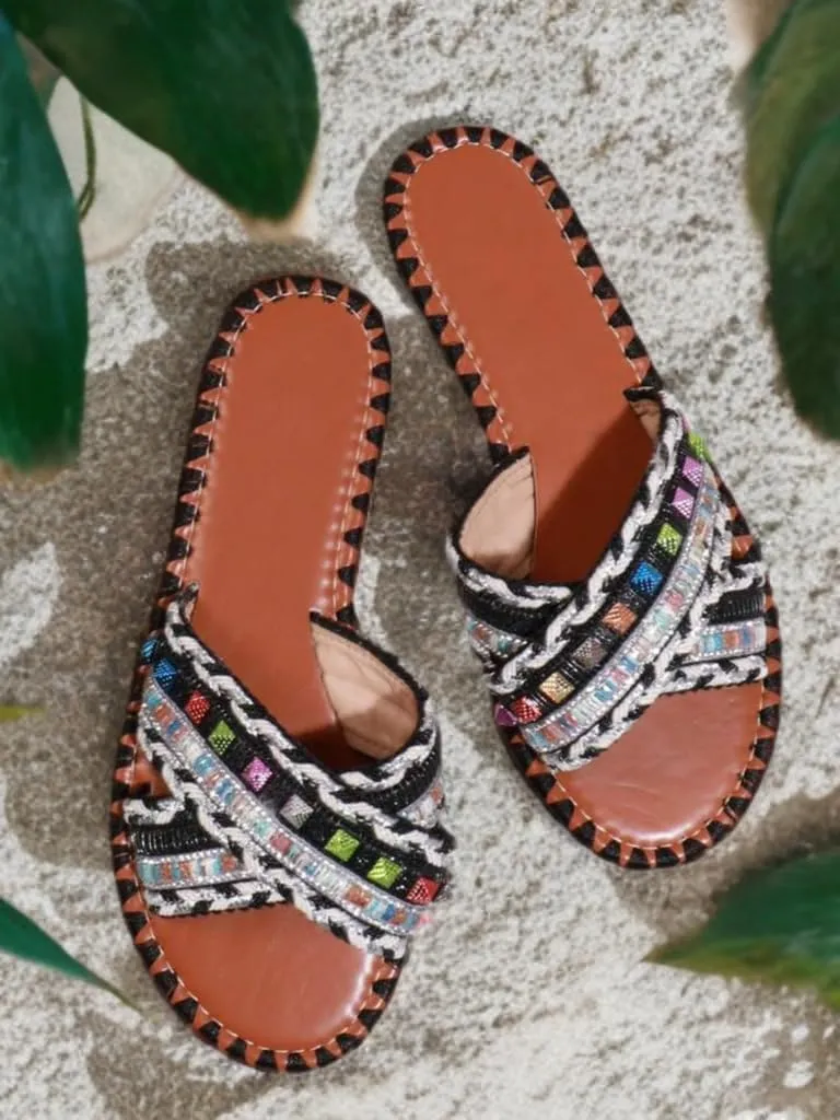 BAMBOO Womens Open Round Toe Cross Straps Beaded Slides Array-02