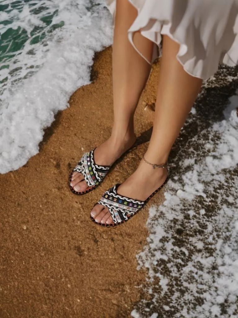 BAMBOO Womens Open Round Toe Cross Straps Beaded Slides Array-02