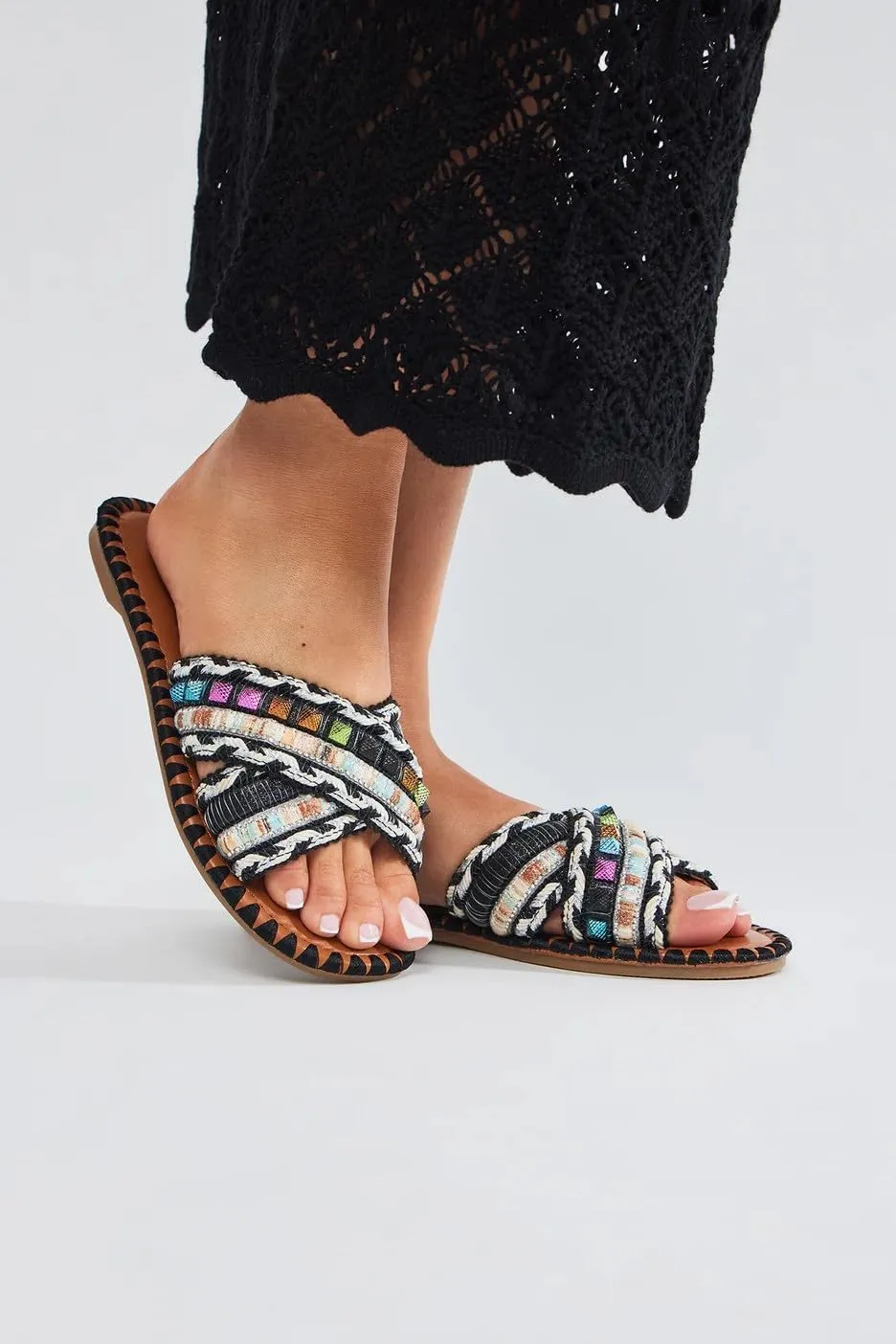 BAMBOO Womens Open Round Toe Cross Straps Beaded Slides Array-02