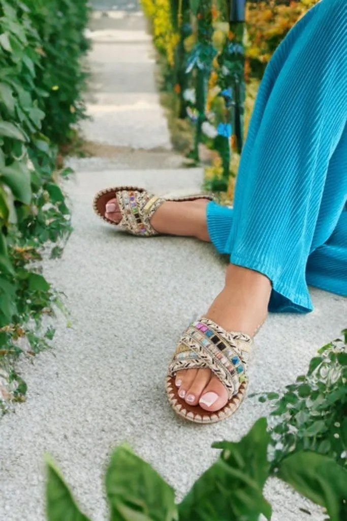 BAMBOO Womens Open Round Toe Cross Straps Beaded Slides Array-02