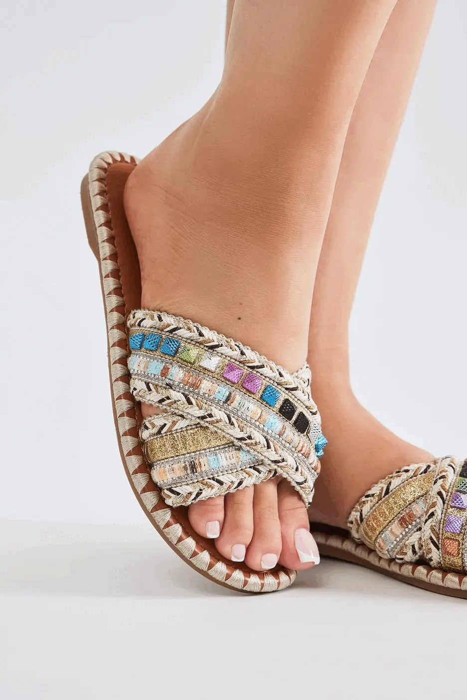 BAMBOO Womens Open Round Toe Cross Straps Beaded Slides Array-02