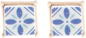Barse Jewelry Santorini Dreams Blue and White Tile Post Stud Golden Earrings