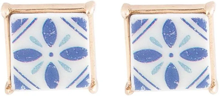 Barse Jewelry Santorini Dreams Blue and White Tile Post Stud Golden Earrings