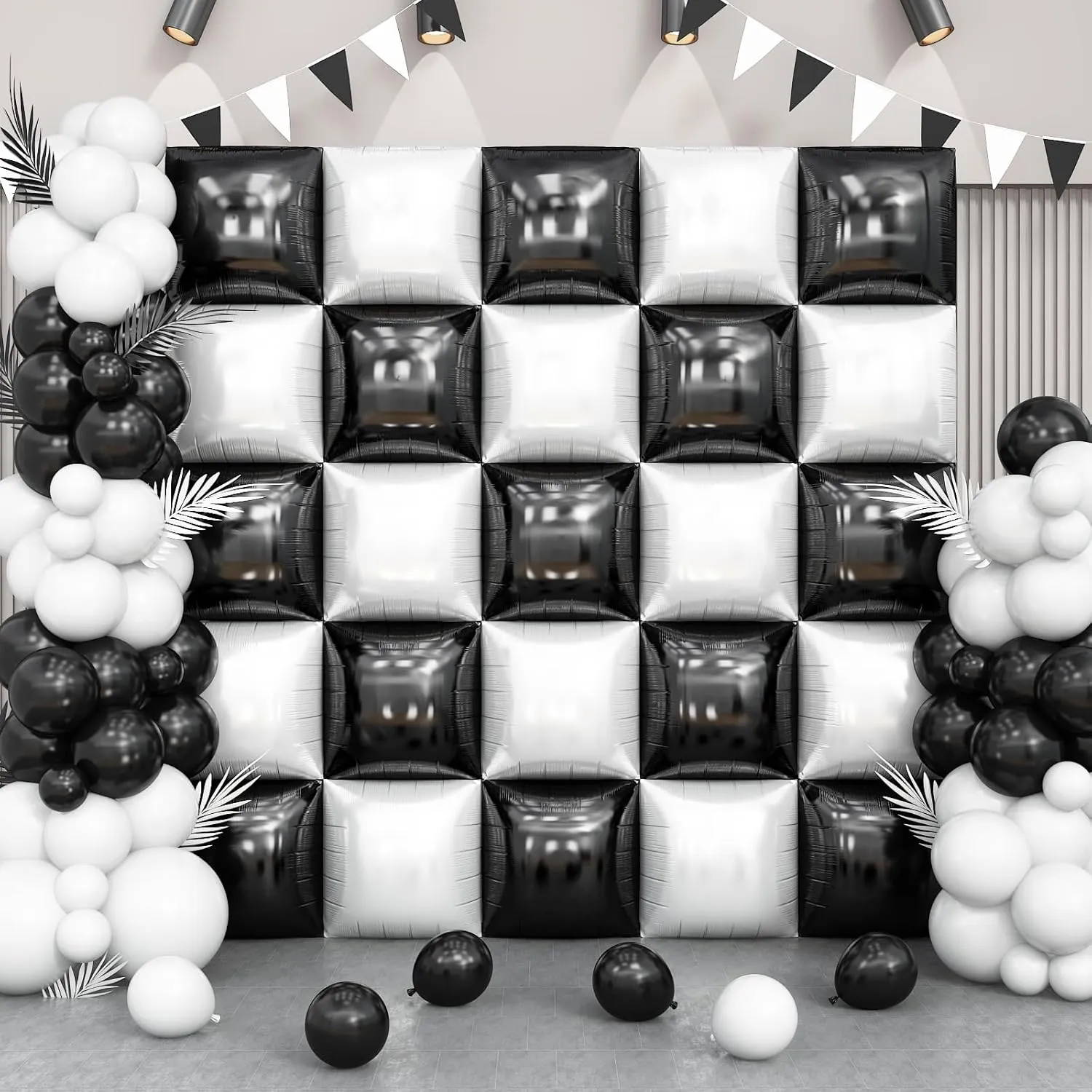 Black and White Square Foil Balloon Wall, 25 PCS Double Sided Checkered Mylar Balloons Flat Square Balloon Backdrop for Checkerboard Racing Themed Birthday Party Background Decoration