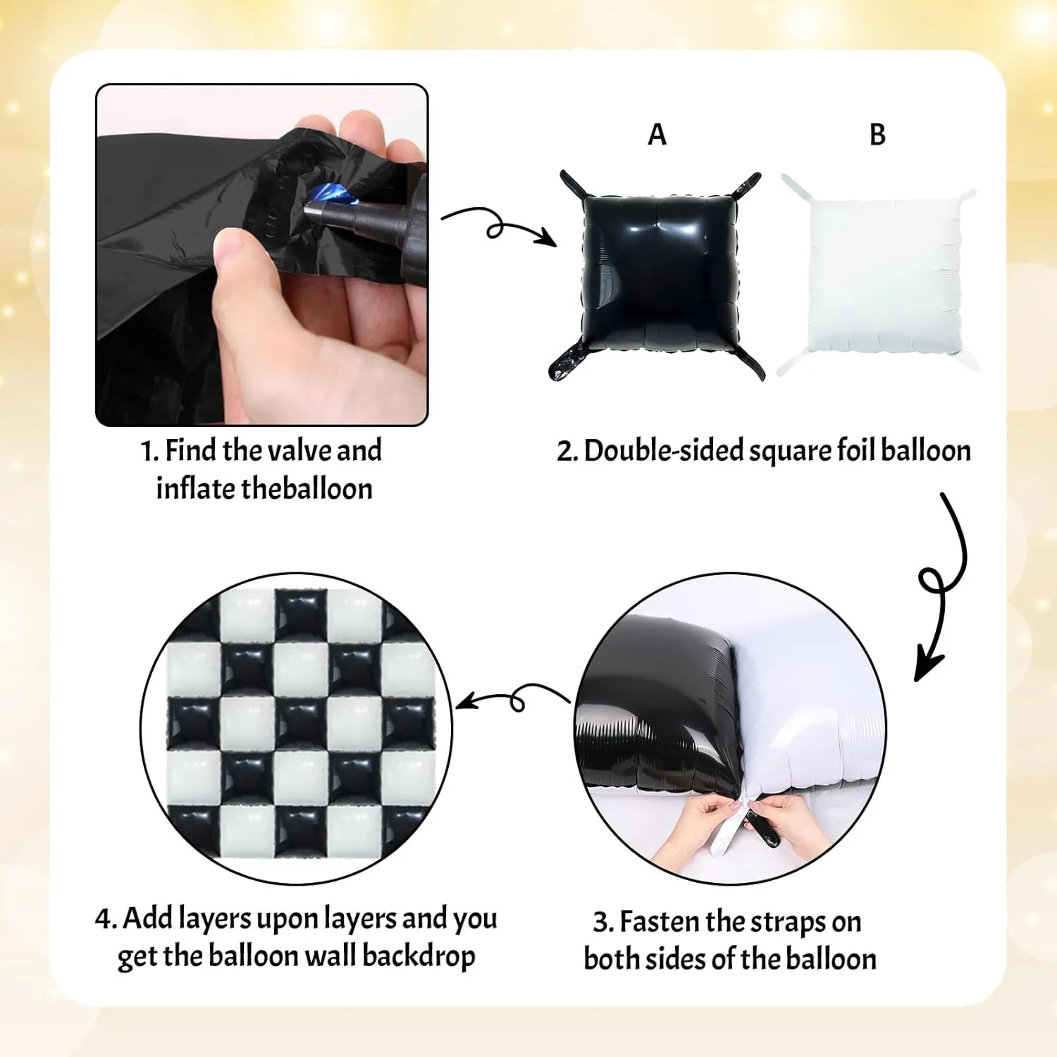 Black and White Square Foil Balloon Wall, 25 PCS Double Sided Checkered Mylar Balloons Flat Square Balloon Backdrop for Checkerboard Racing Themed Birthday Party Background Decoration