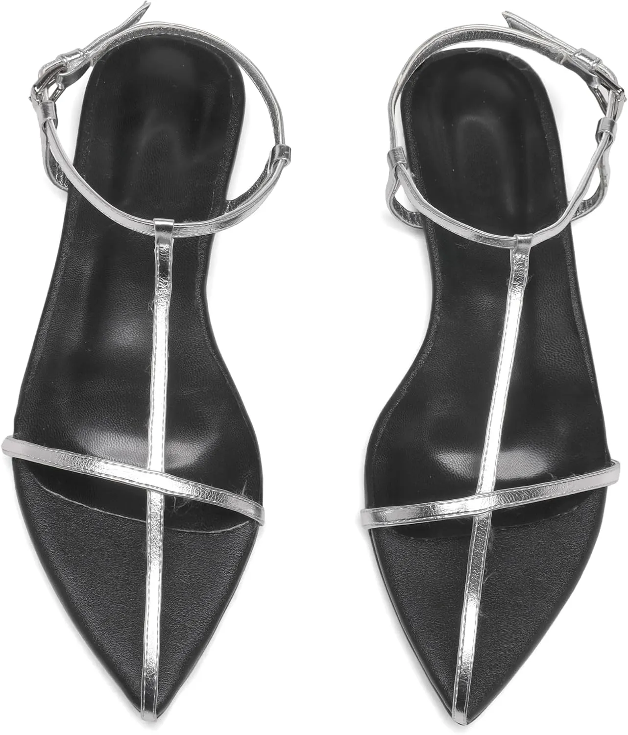 Black Flat Sandals for Women Adjustable Metallic Buckle Ankle Strap Slide Sandals Comfortable Pointed Open Toe Slip on Sandal