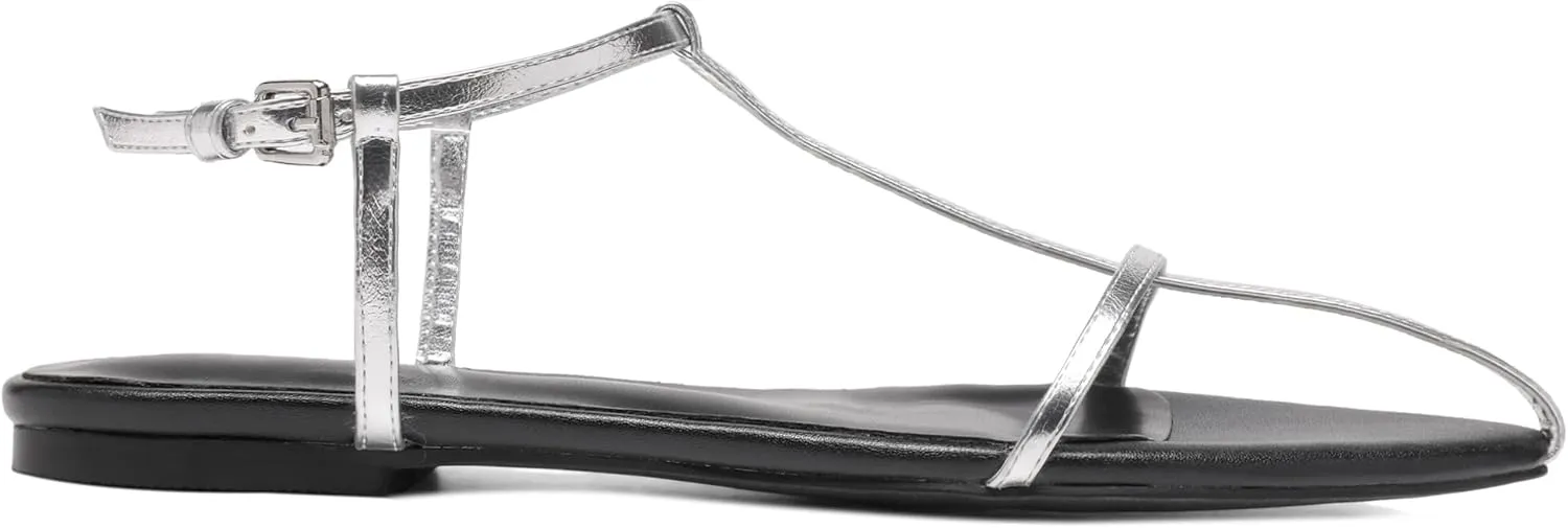 Black Flat Sandals for Women Adjustable Metallic Buckle Ankle Strap Slide Sandals Comfortable Pointed Open Toe Slip on Sandal