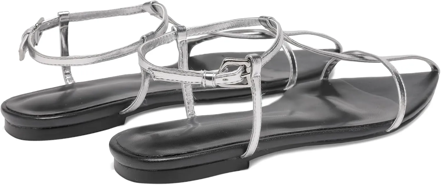 Black Flat Sandals for Women Adjustable Metallic Buckle Ankle Strap Slide Sandals Comfortable Pointed Open Toe Slip on Sandal