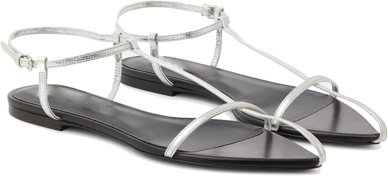 Black Flat Sandals for Women Adjustable Metallic Buckle Ankle Strap Slide Sandals Comfortable Pointed Open Toe Slip on Sandal