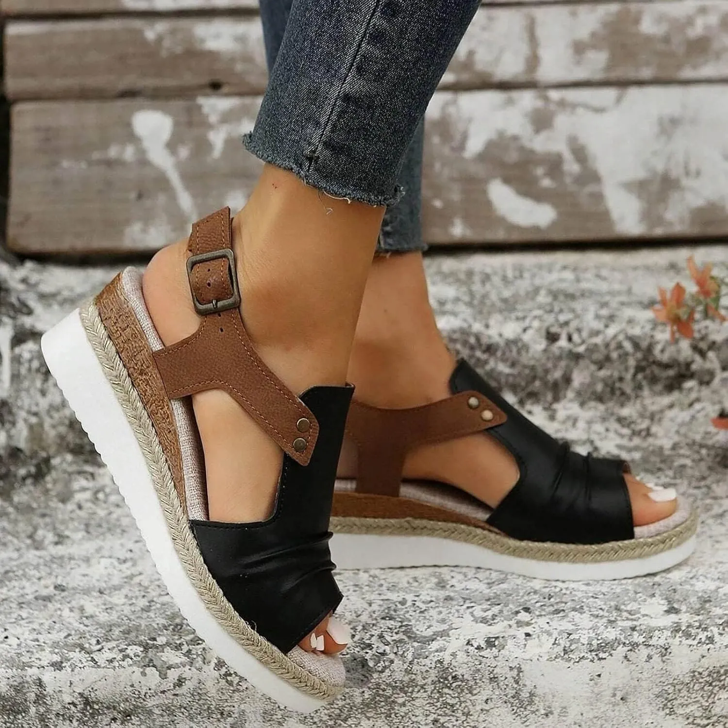 Black Orthopedic Wedge Sandals for Women 2025 Summer Dressy Flat Open Toe Ankle Strap Espadrilles Sandals Boho Comfortable Casual Strappy Slip on Wedges Shoes