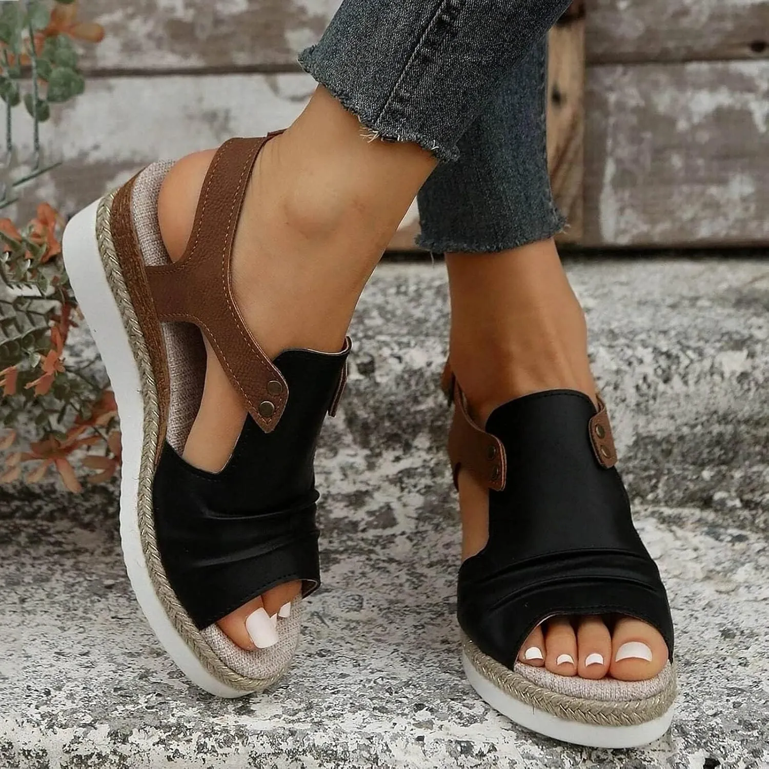 Black Orthopedic Wedge Sandals for Women 2025 Summer Dressy Flat Open Toe Ankle Strap Espadrilles Sandals Boho Comfortable Casual Strappy Slip on Wedges Shoes