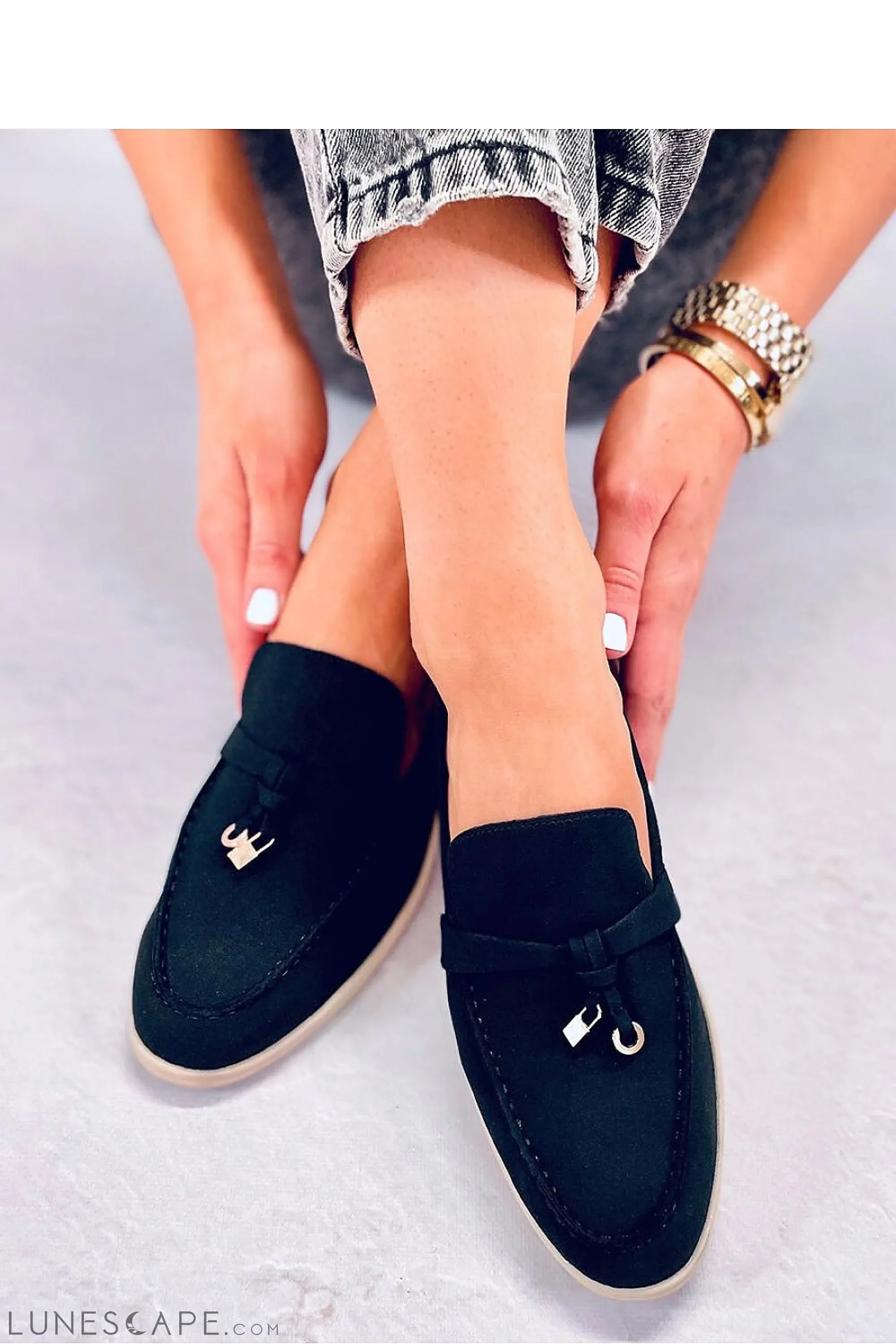 Black Vegan Nubuck Loafers with Gold-Tipped Bow and Contrast Sole