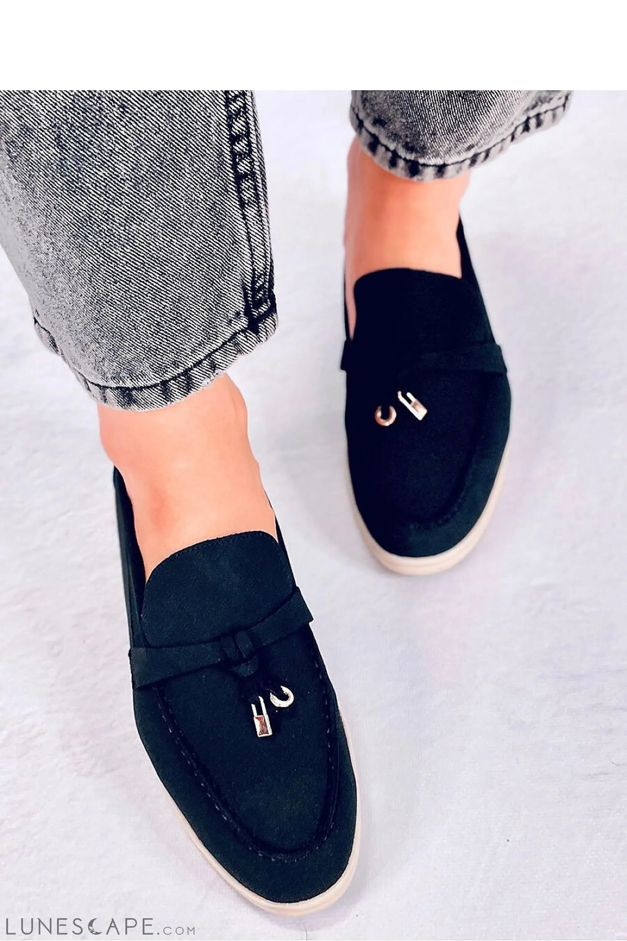Black Vegan Nubuck Loafers with Gold-Tipped Bow and Contrast Sole