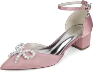 Block Heel Wedding Shoes Bride Satin Bridal Pointed Toe Low Heels Closed Toe Wedding Heels 4.5Cm