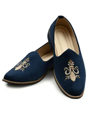Blue Suede Velvet Zardozi Embroidery Shoes