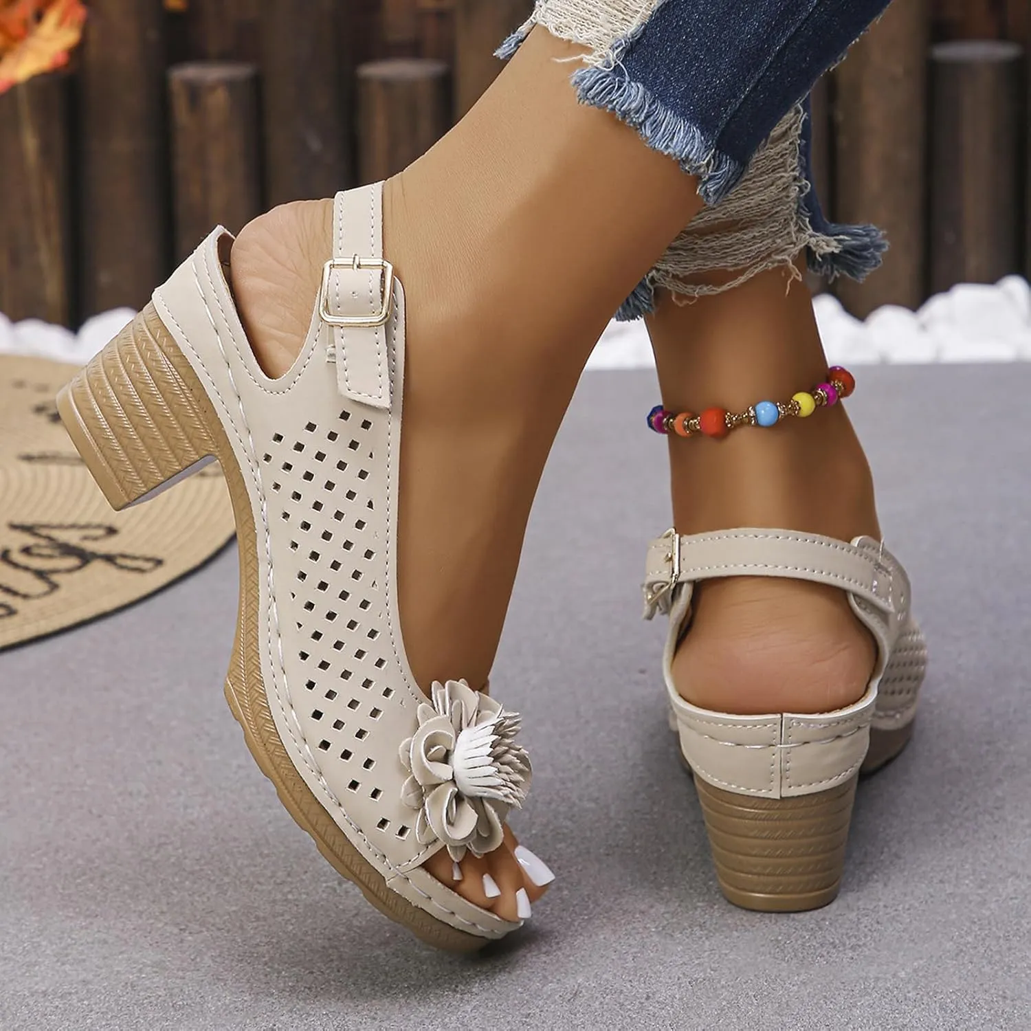 Buckled Square Heel Sandals for Women,Buckled Square Heel Summer Sandals,Low Slingback Peep Toe Wedge Shoes