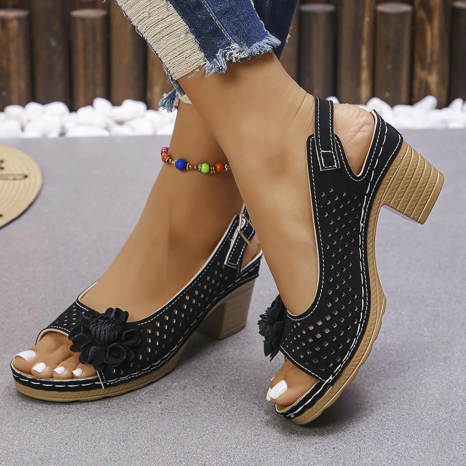 Buckled Square Heel Sandals for Women,Buckled Square Heel Summer Sandals,Low Slingback Peep Toe Wedge Shoes