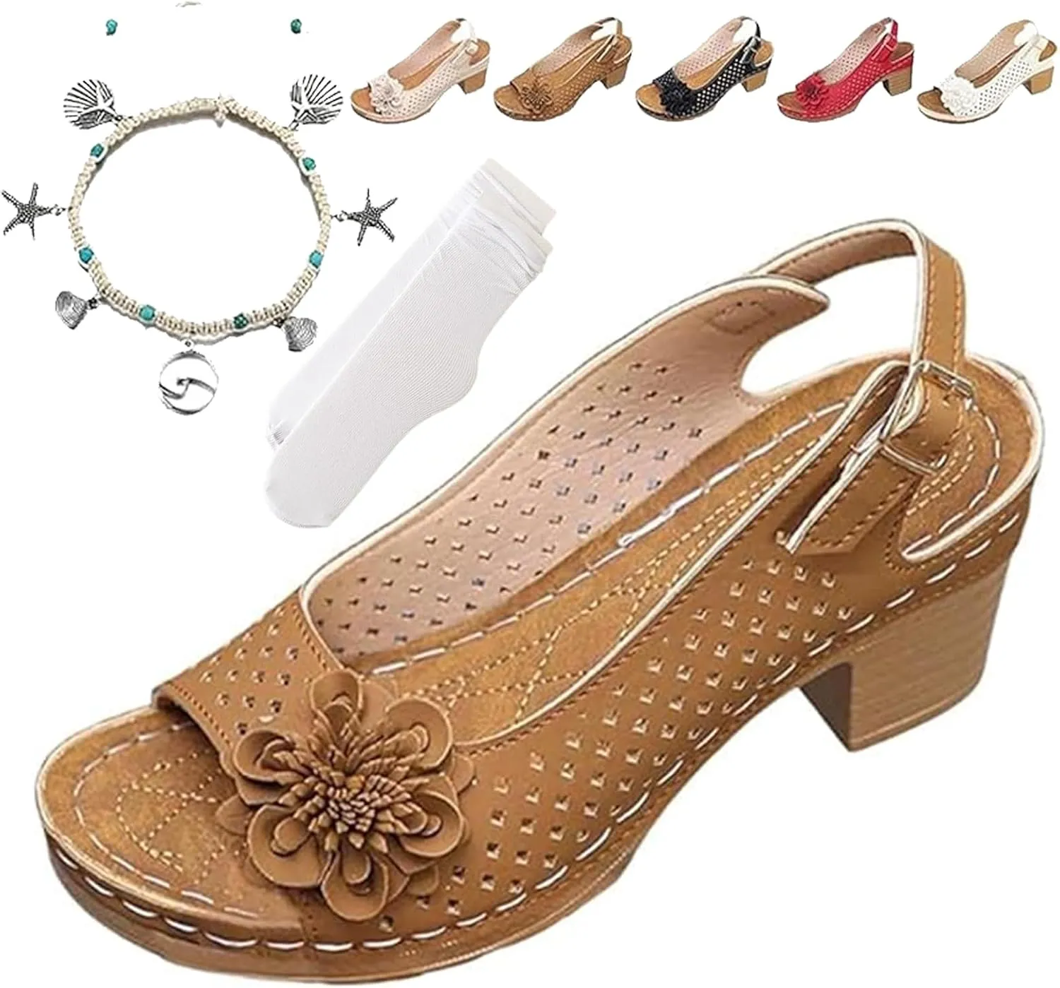 Buckled Square Heel Sandals for Women,Buckled Square Heel Summer Sandals,Low Slingback Peep Toe Wedge Shoes