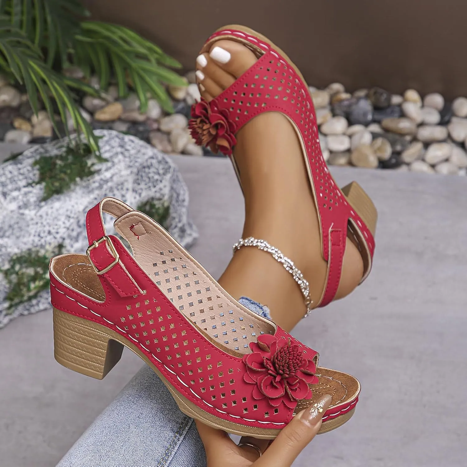 Buckled Square Heel Sandals for Women,Buckled Square Heel Summer Sandals,Low Slingback Peep Toe Wedge Shoes