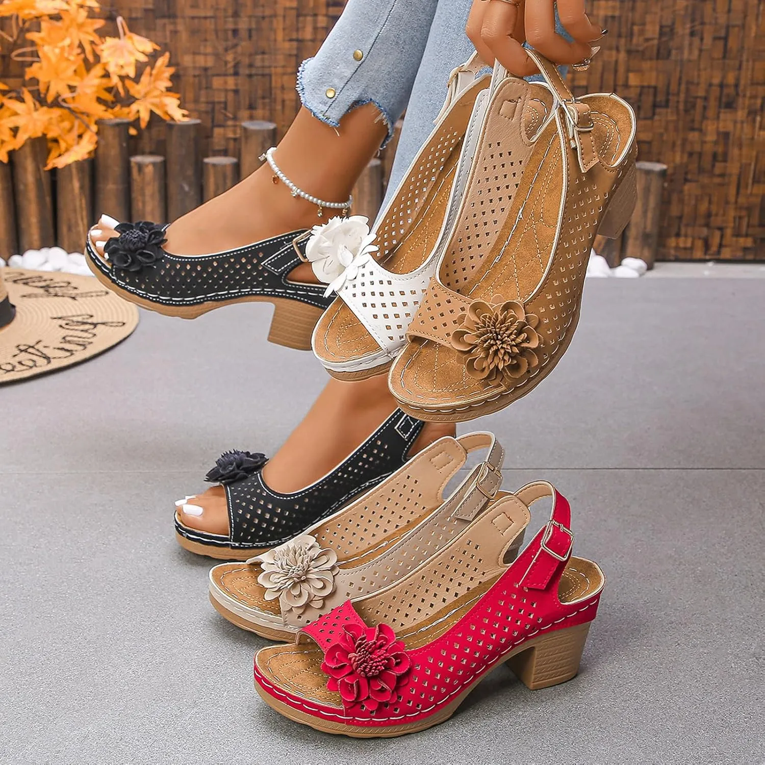 Buckled Square Heel Sandals for Women,Buckled Square Heel Summer Sandals,Low Slingback Peep Toe Wedge Shoes