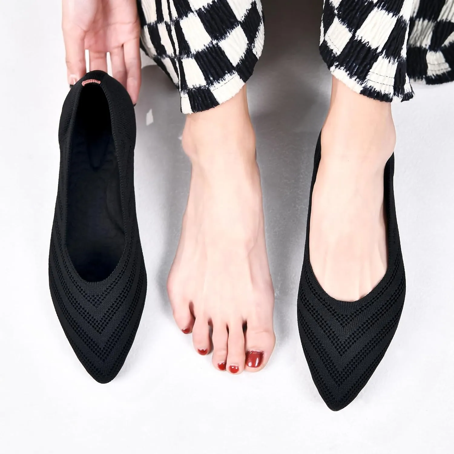 Buyrew Women's Flats Pointed Toe Ballet Shoes Knit Dress Shoes Low Wedge Slip On Arch Support Walking Office Business Flats