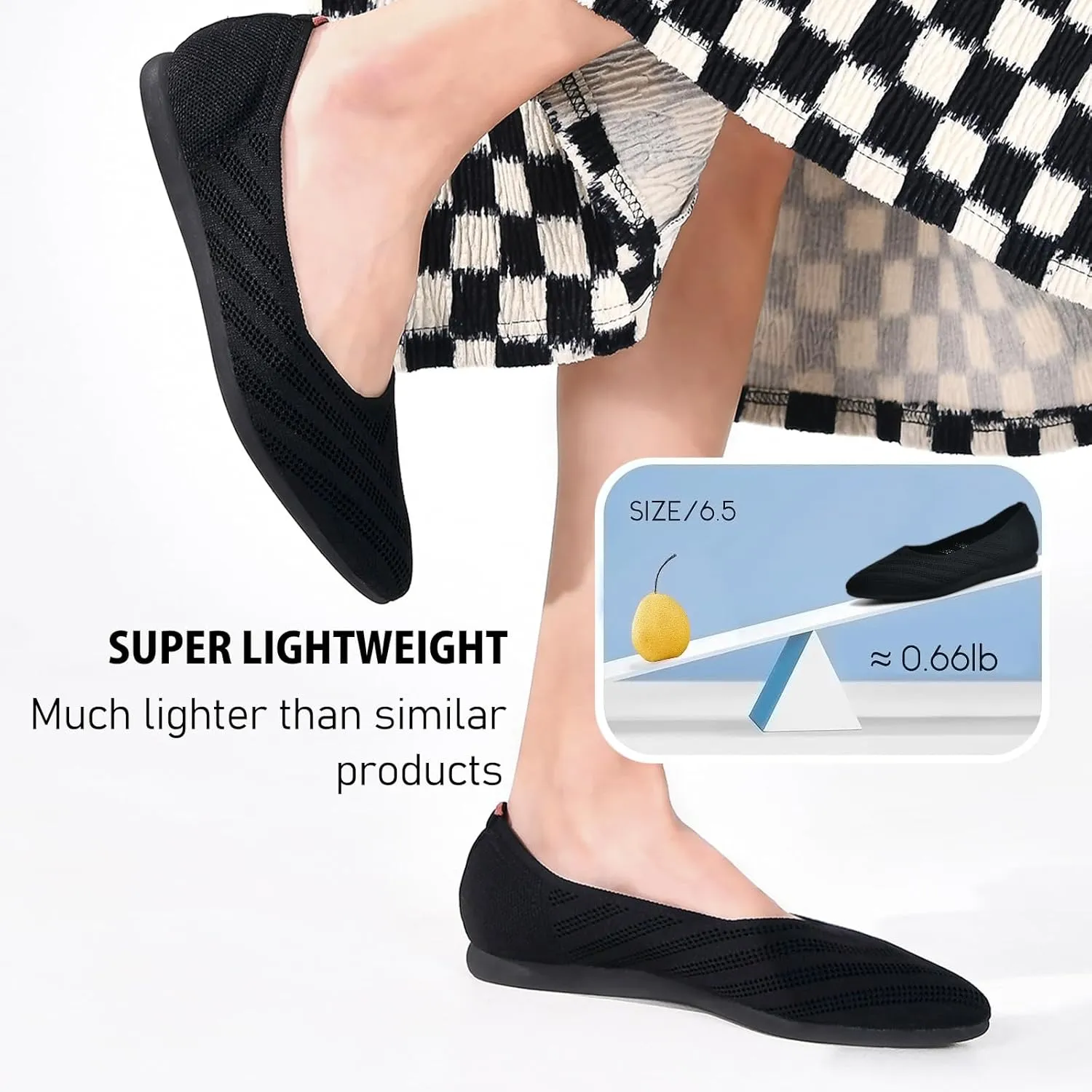Buyrew Women's Flats Pointed Toe Ballet Shoes Knit Dress Shoes Low Wedge Slip On Arch Support Walking Office Business Flats