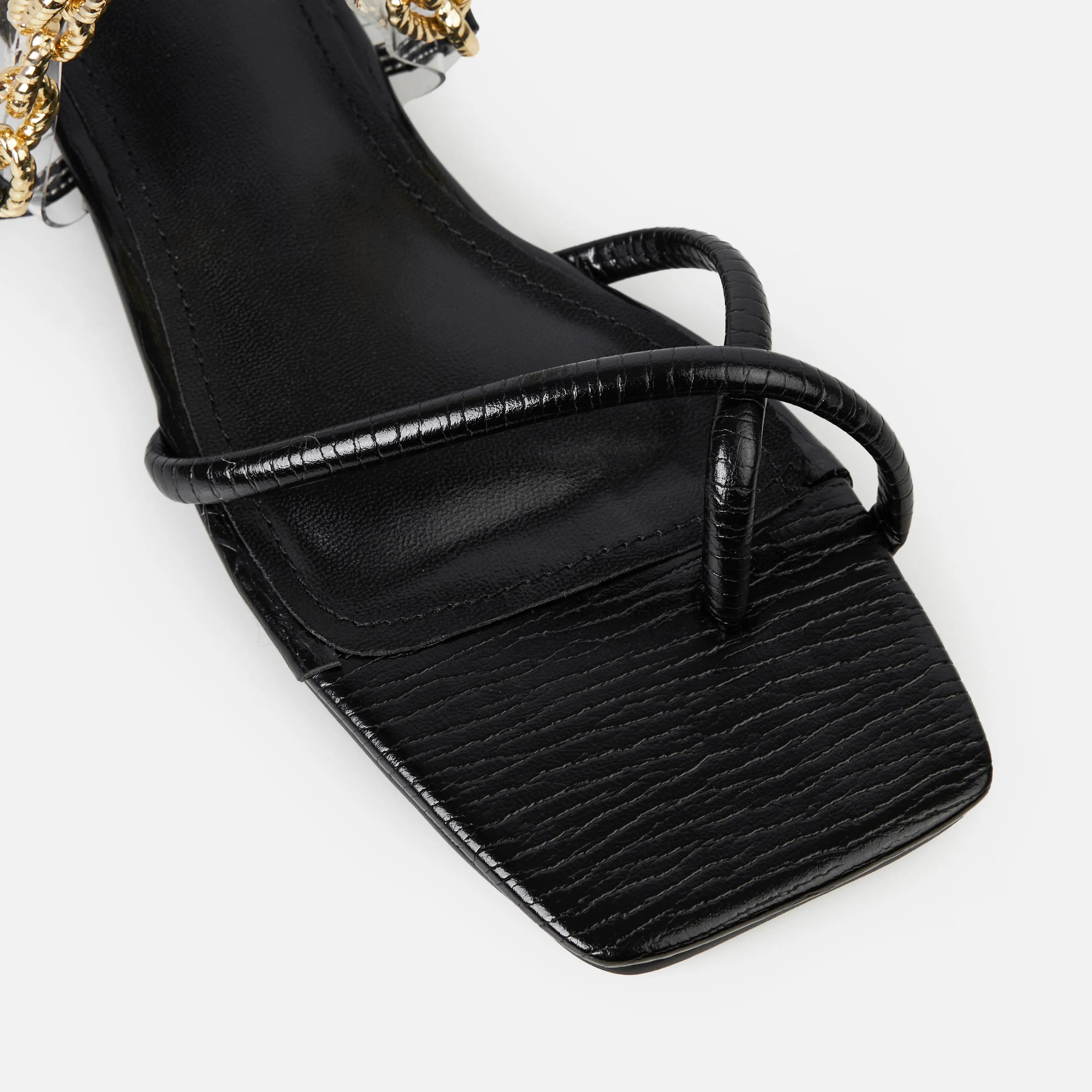 Cassia Black Chain Strap Toe Thong Flat Sandals