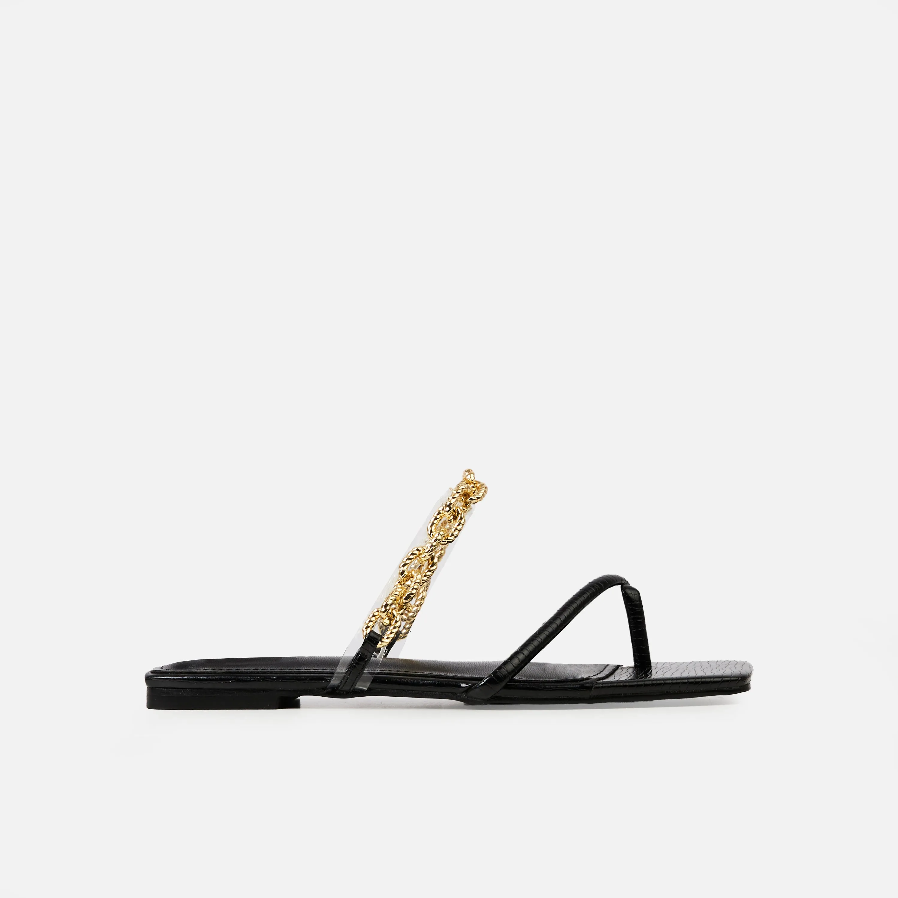 Cassia Black Chain Strap Toe Thong Flat Sandals
