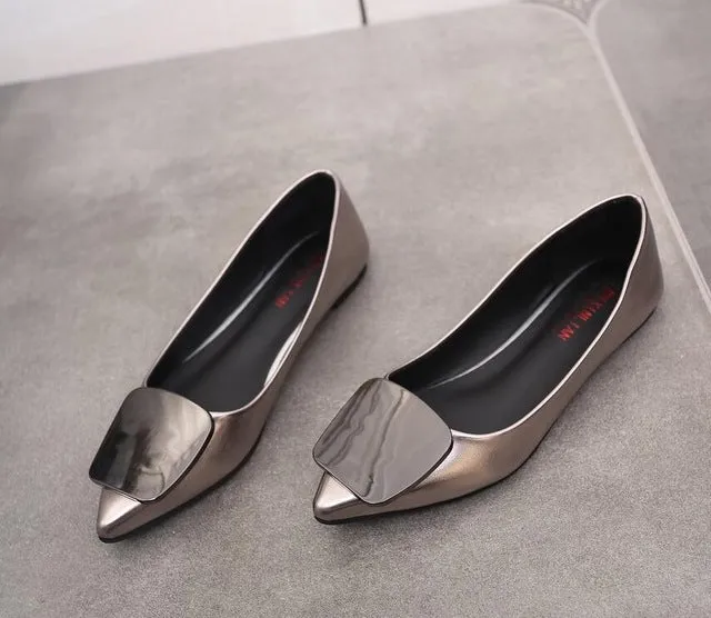 Casual Price-conscious Metal Loyal customers Toe Shoes Ladies Loafers Slip Women Leather Flat Shoes woman Flats Pointed On Buckle Shoes 2019 Women
