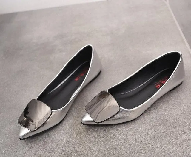 Casual Price-conscious Metal Loyal customers Toe Shoes Ladies Loafers Slip Women Leather Flat Shoes woman Flats Pointed On Buckle Shoes 2019 Women