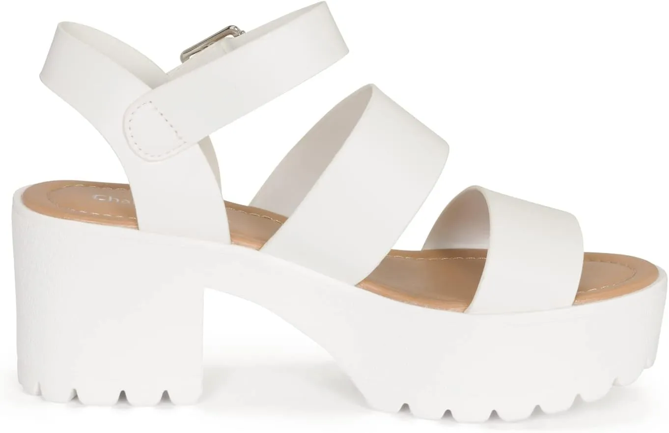 Chariot & Co- Credit- Women's Open Toe Double Band Ankle Buckle Block Heel Platform Lug Sole Sandal