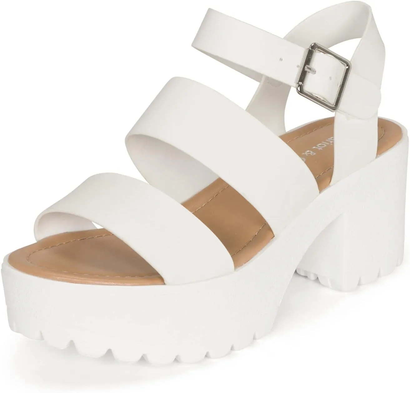 Chariot & Co- Credit- Women's Open Toe Double Band Ankle Buckle Block Heel Platform Lug Sole Sandal