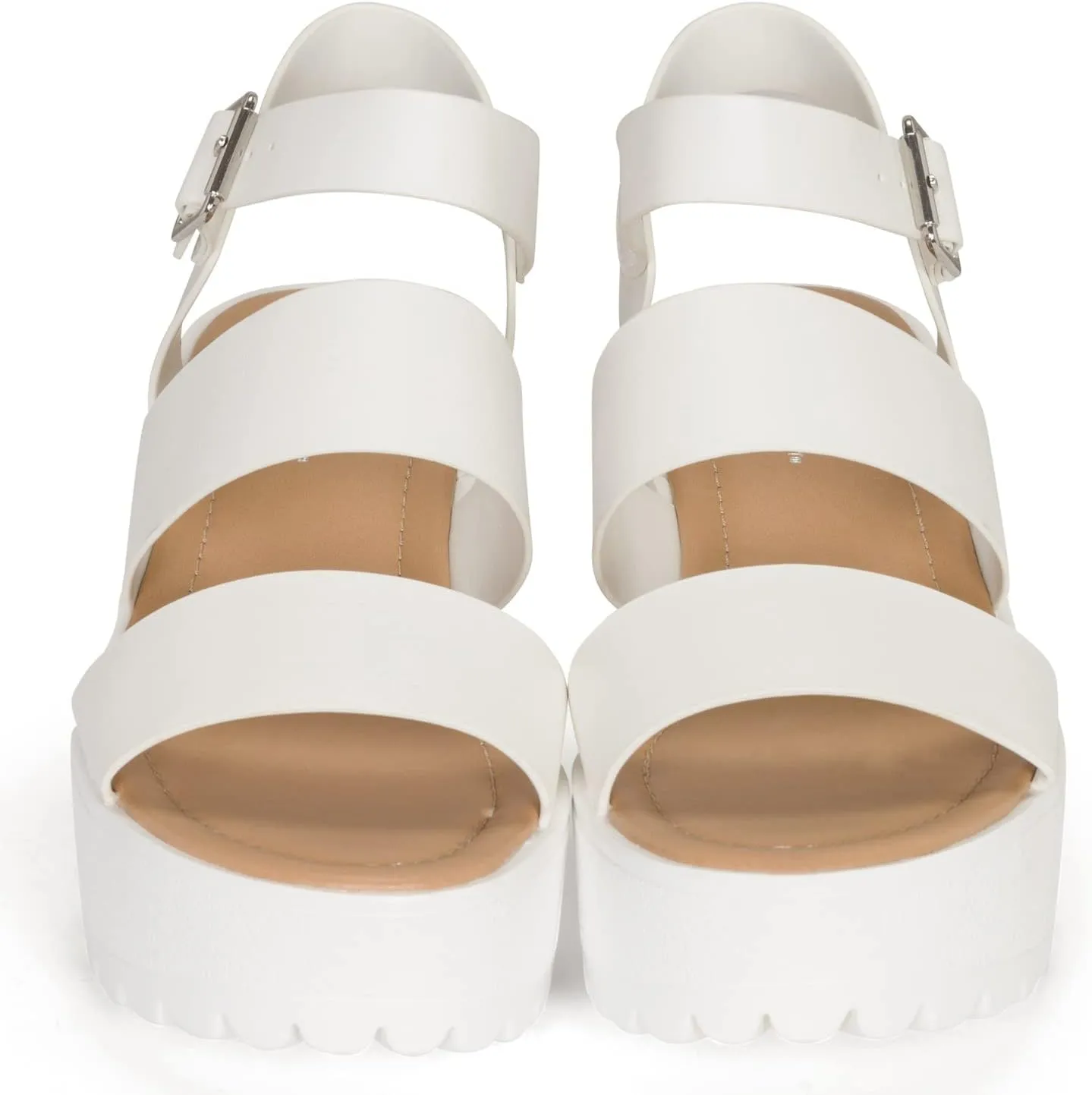 Chariot & Co- Credit- Women's Open Toe Double Band Ankle Buckle Block Heel Platform Lug Sole Sandal