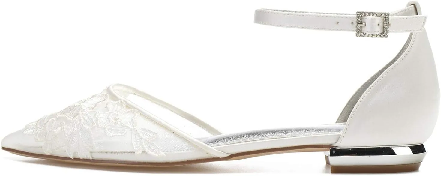 Charmstep Womens Pointed Toe Bridal Ballet Flats Ankle Strap Satin Mesh Lace Flowers Flat Wedding Dress Shoes 5047A-2