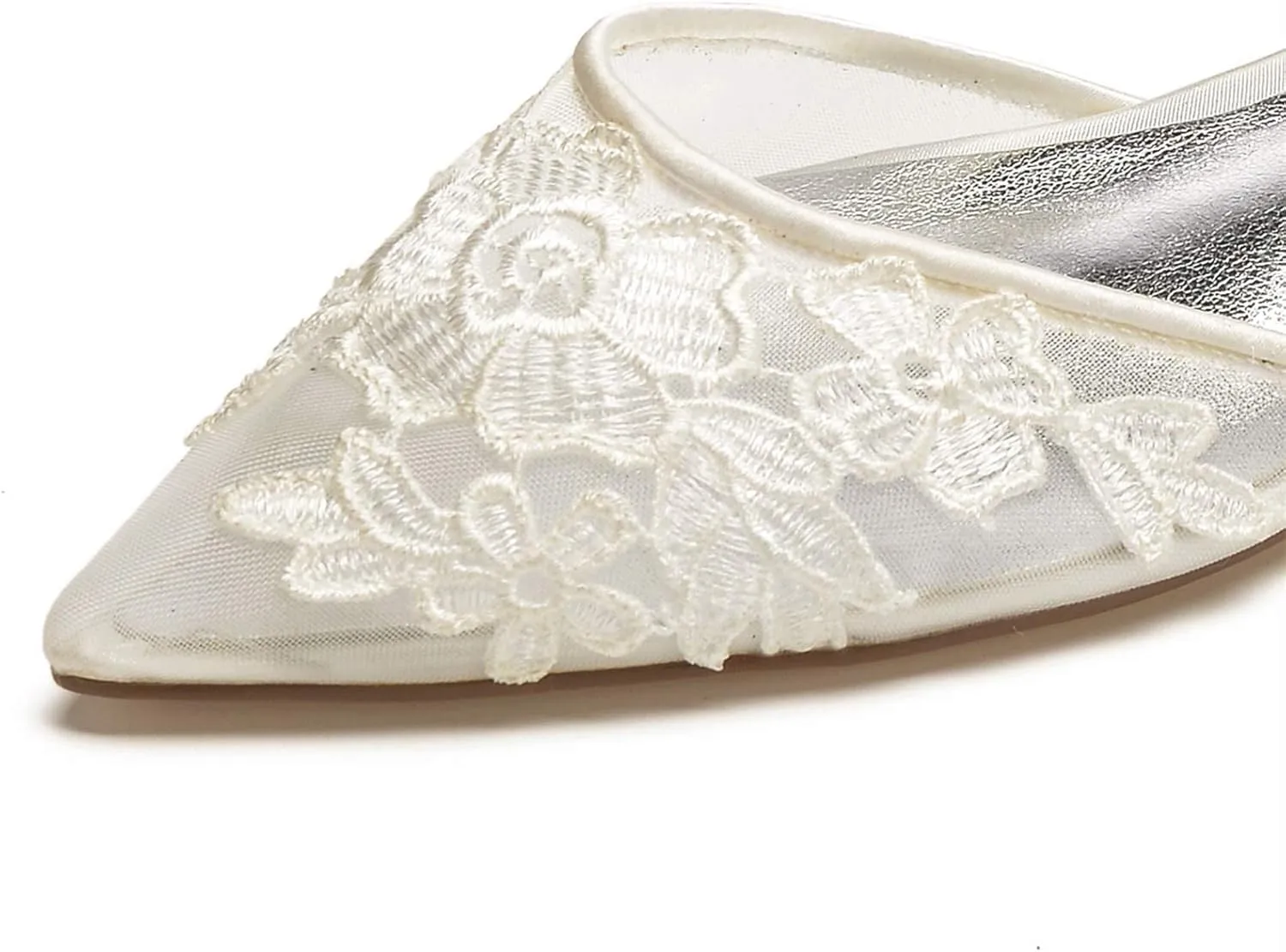 Charmstep Womens Pointed Toe Bridal Ballet Flats Ankle Strap Satin Mesh Lace Flowers Flat Wedding Dress Shoes 5047A-2